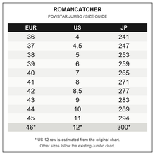 Load image into Gallery viewer, PowStar Jumbo size guide — EUR / US / JP. US 12, EUR 46 and JP 300 are estimated.